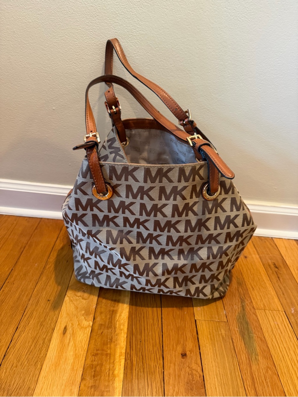 Michael Kors Brown MK Logo Shoulder Bag with Tan Straps